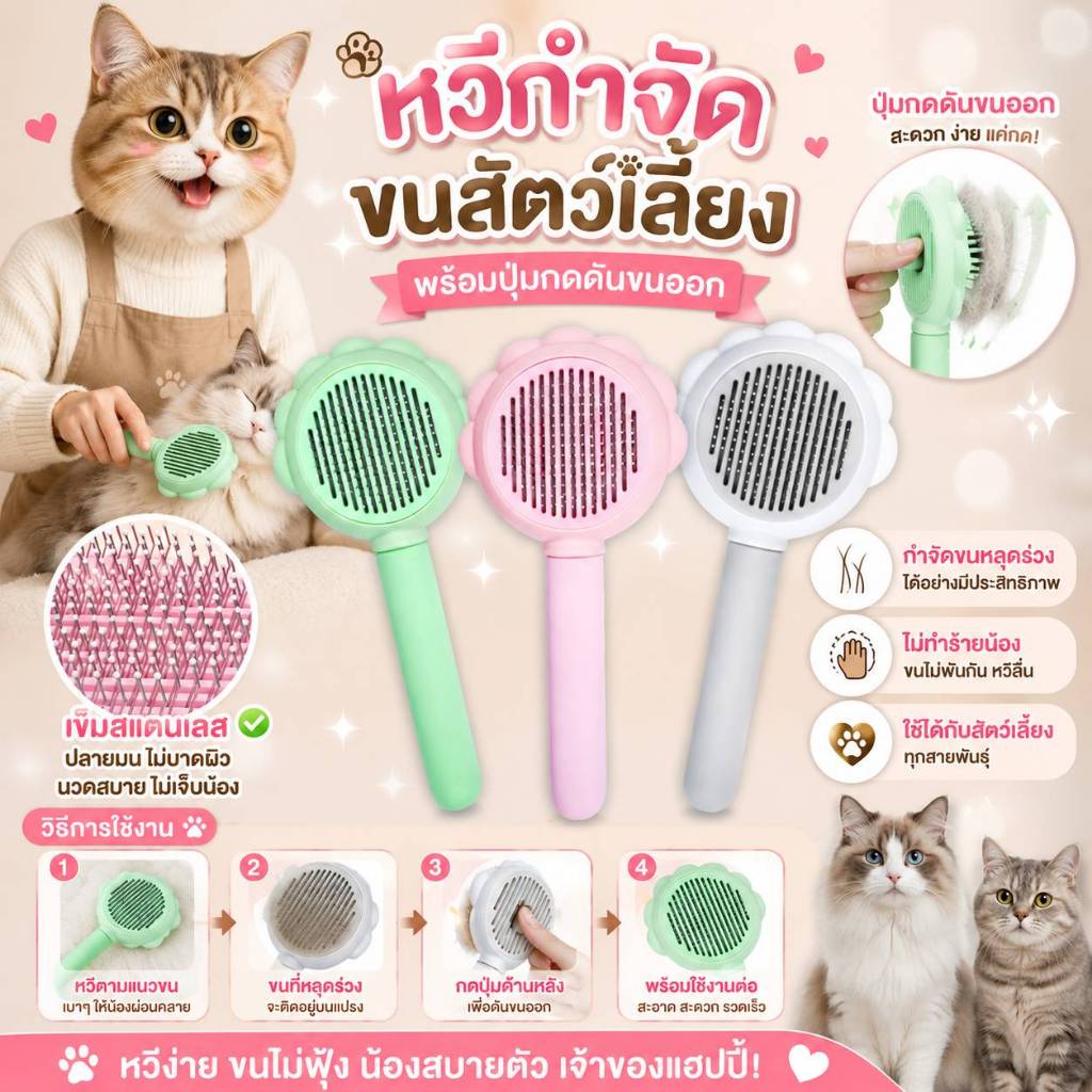 หวีกําจัดขน มีปุ่มกดดันขน แปรงหวีขนสัตว์ ทําความสะอาดง่าย สําหรับสัตว์เลี้ยง สุนัข แมว 10077