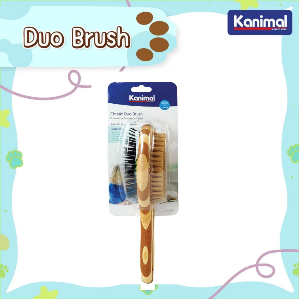 00348] Kanimal Pet Duo Brush แปรงหวีขน 2 ด้าน (ด้ามไม้) แปรงขนหมู หวีสางขน สําหรับสุนัขและแมว Size L ขนาด 27x7 ซม