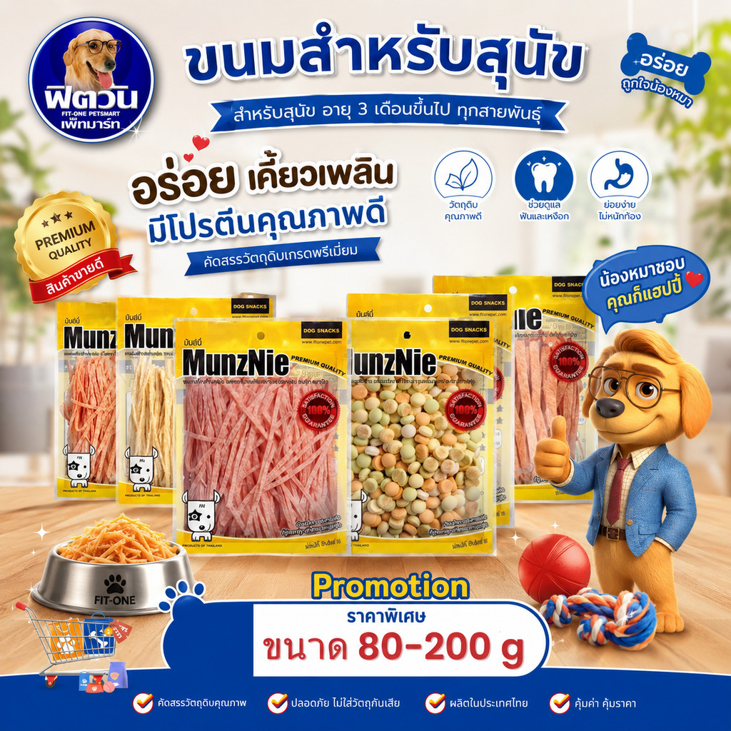 MUNZNIE ขนมสุนัขมันซ์นี่ ปลาเส้นน้องหมา-น้องแมว 80g/ บิสกิตรวมรส สําหรับสุนัข 200g