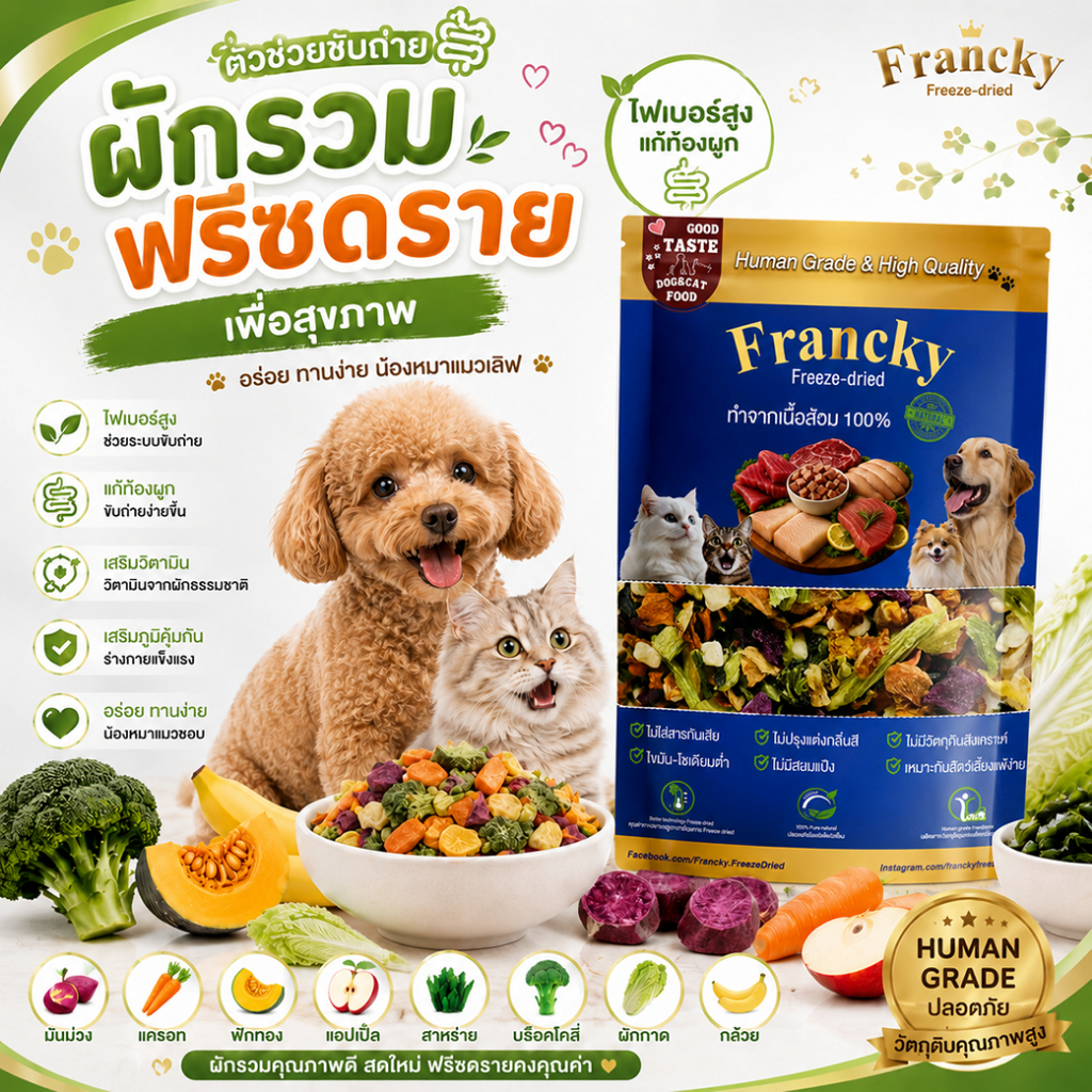 ตัวช่วยขับถ่าย] Francky ผักรวมฟรีซดรายแท้ 50g. ไฟเบอร์สูง แก้ท้องผูก น้องหมาแมวทานง่าย เสริมวิตามิน