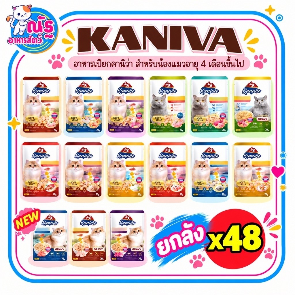 Kaniva Pouch อาหารแมวเปียก คานิว่า มี Vitamin Balls ขนาด 70 กรัม X 48 ซอง (ยกลัง)