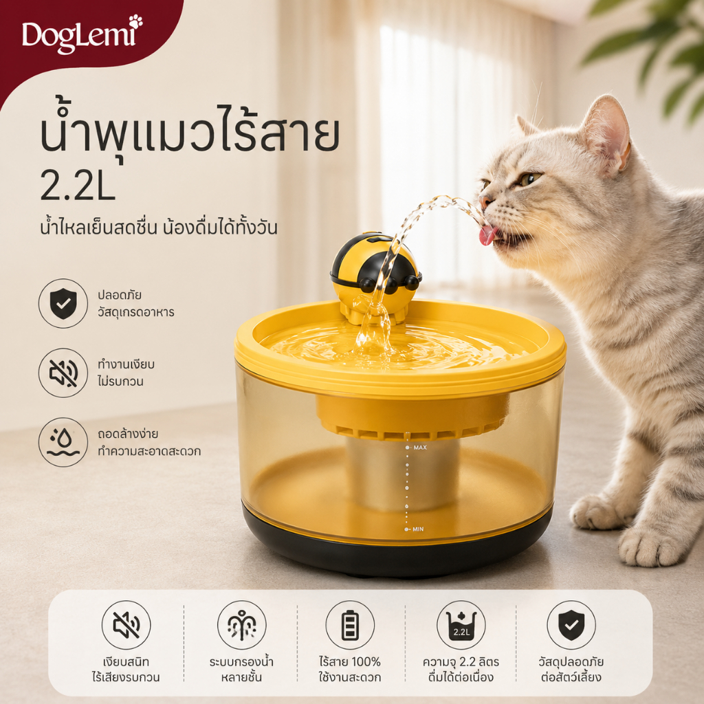 DogLemi】น้ําพุแมวอัตโนมัติไร้สาย เสียงเงียบ น้ําไหลธรรมชาติ กระตุ้นการดื่มน้ํา แบตเตอรี่ใช้งานยาวนาน สําหรับแมวและสุนัข