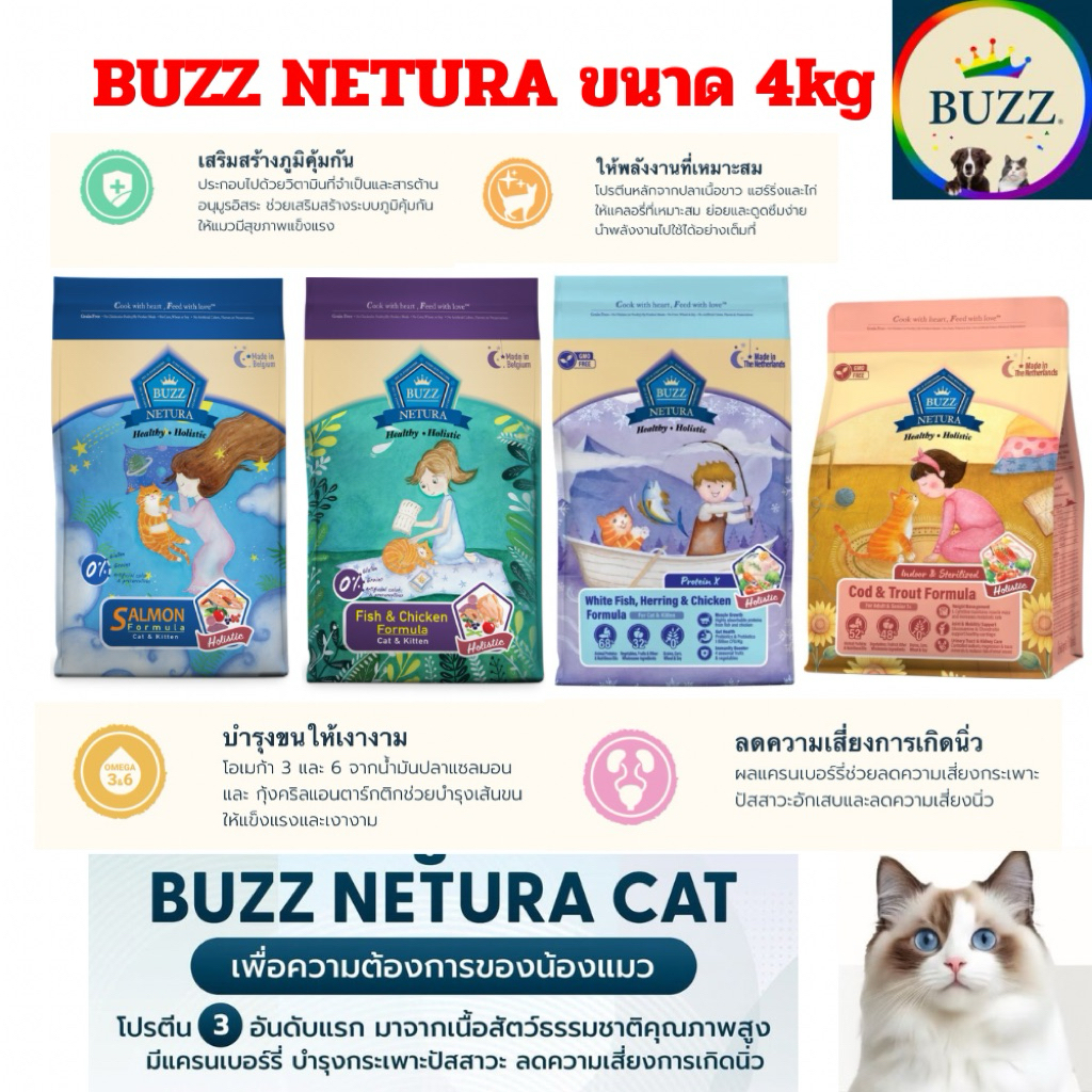 อาหารแมวนําเข้ายุโรป] BUZZ NETURA CAT FOOD อาหารแมว สูตร เกรนฟรี ขนาด 4 kg