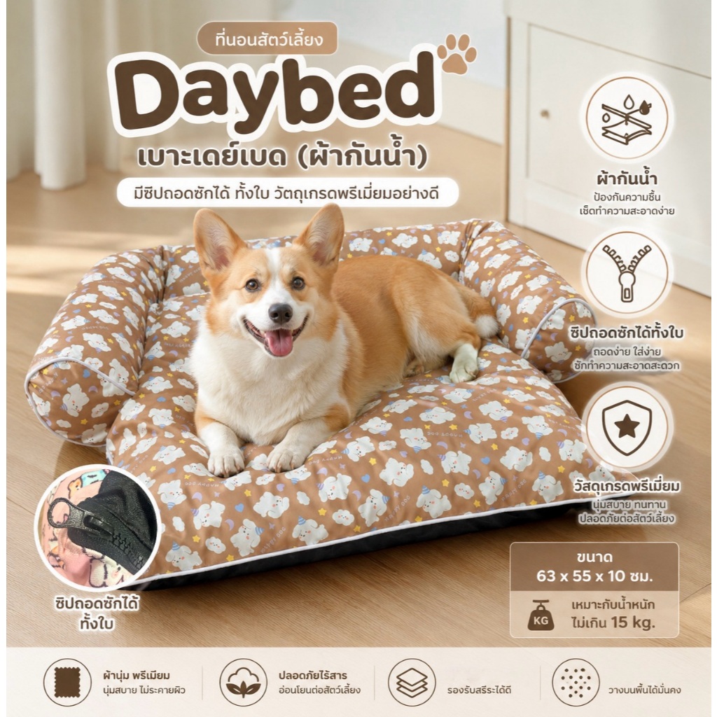 ที่นอนสัตว์เลี้ยง Day bed ผลิตจากผ้าสะท้อนน้ํา หมาแมวหนักไม่เกิน 25 กก. (ขนาด 80x85x20 cm.)
