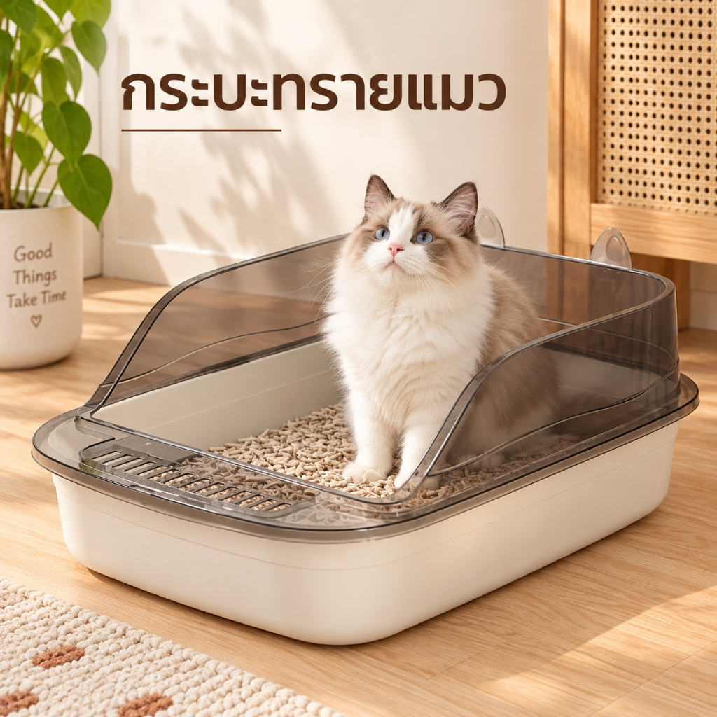 กระบะพาสเทล ห้องน้ําแมว กระบะทรายแมว ฟรีที่ตัก รุ่นขอบสูง มีช่องดักทราย กระบะแมว