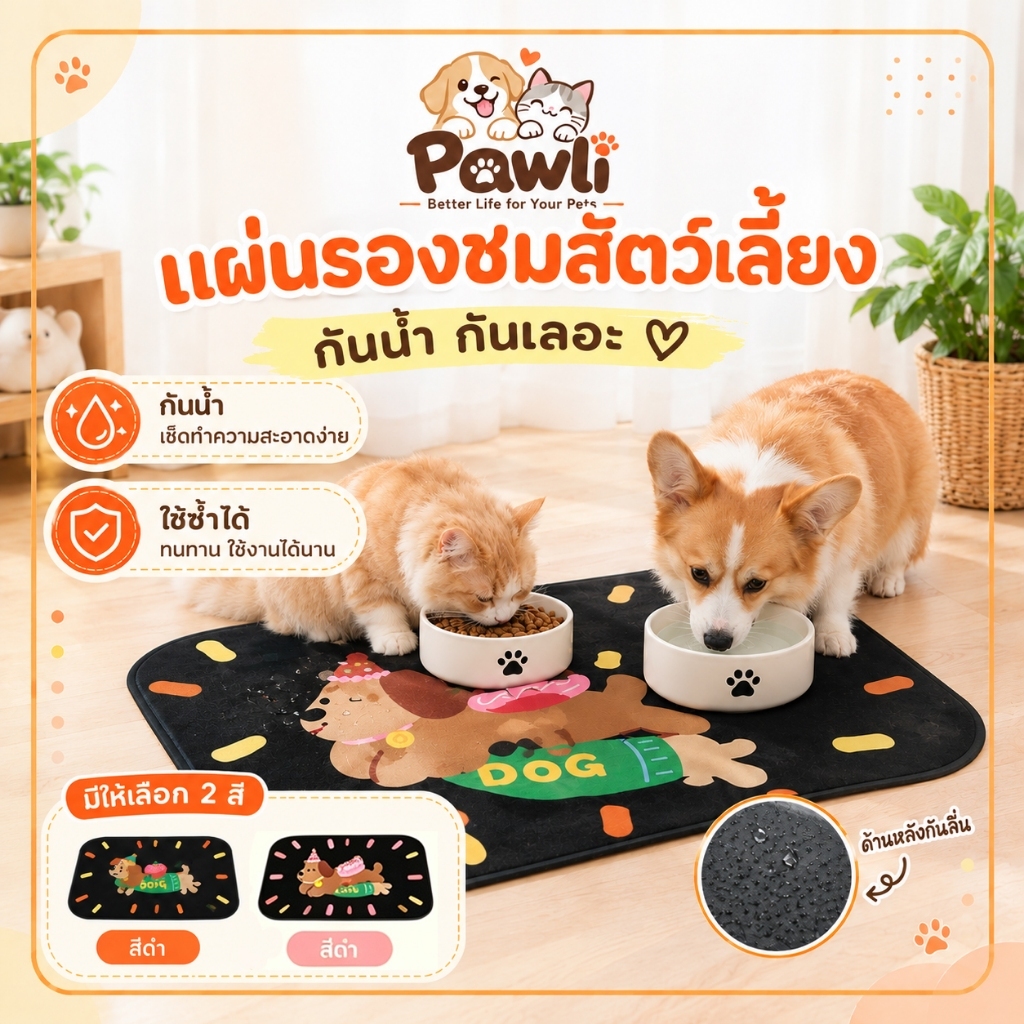 แผ่นรองชามอาหารสัตว์เลี้ยง กันน้ํา กันลื่น ป้องกันคราบอาหารและน้ํา เช็ดทําความสะอาดง่าย ลายน่ารัก สําหรับสุนัขแมว