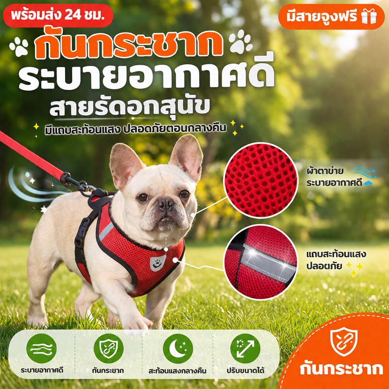 สายจูงแมวพร้อมสายรัดอก ป้องกันการหลุดได้ ปรับได้ ใช้ได้กับแมว สุนัข และกระต่าย