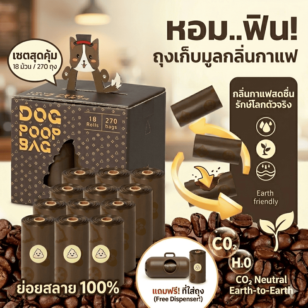 ถุงเก็บอึหมา ถุงเก็บอึแมว Premium หนาไม่ขาดง่าย ใช้สะดวก กลิ่นกาแฟ หอมสะอาด ลดกลิ่น poop bag
