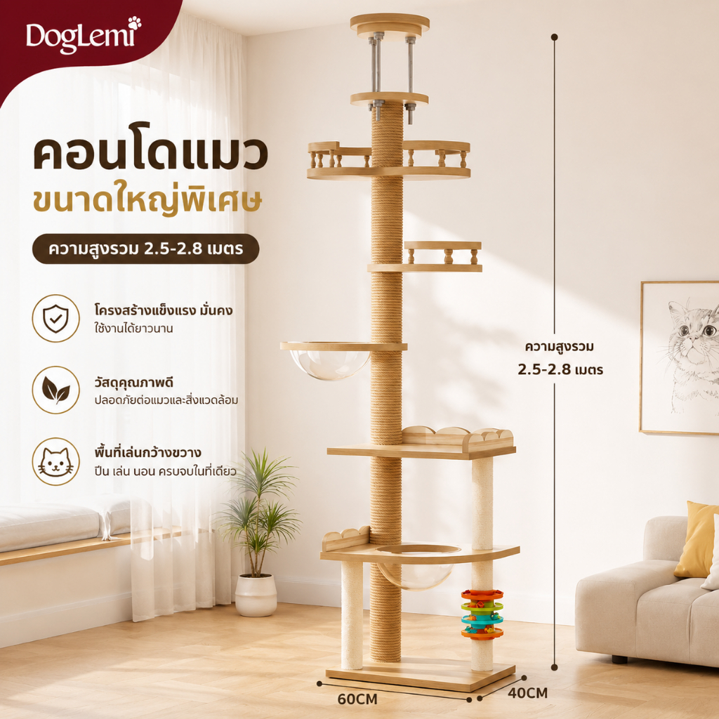 Doglemi】คอนโดแมวสูงจรดเพดาน รุ่นพรีเมียม ปรับสูงได้ 2.5-2.8M ไม่ต้องเจาะผนัง เสาลับเล็บ บ้านแมว มินิมอล แข็งแรง พร้อมเ