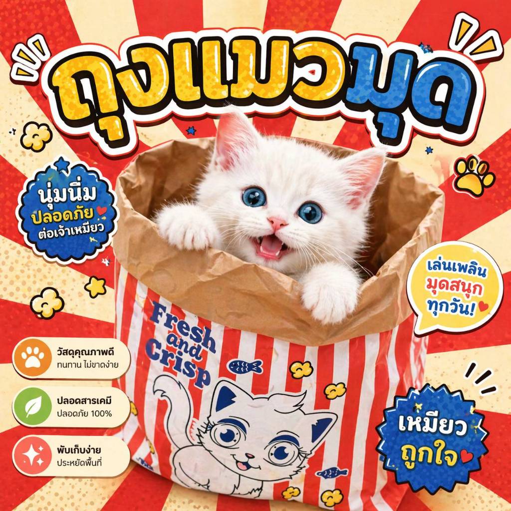 ถุงแมวมุด ถุงป๊อปคอร์น ของเล่นแมว Popcorn Peek-a-Boo Bag