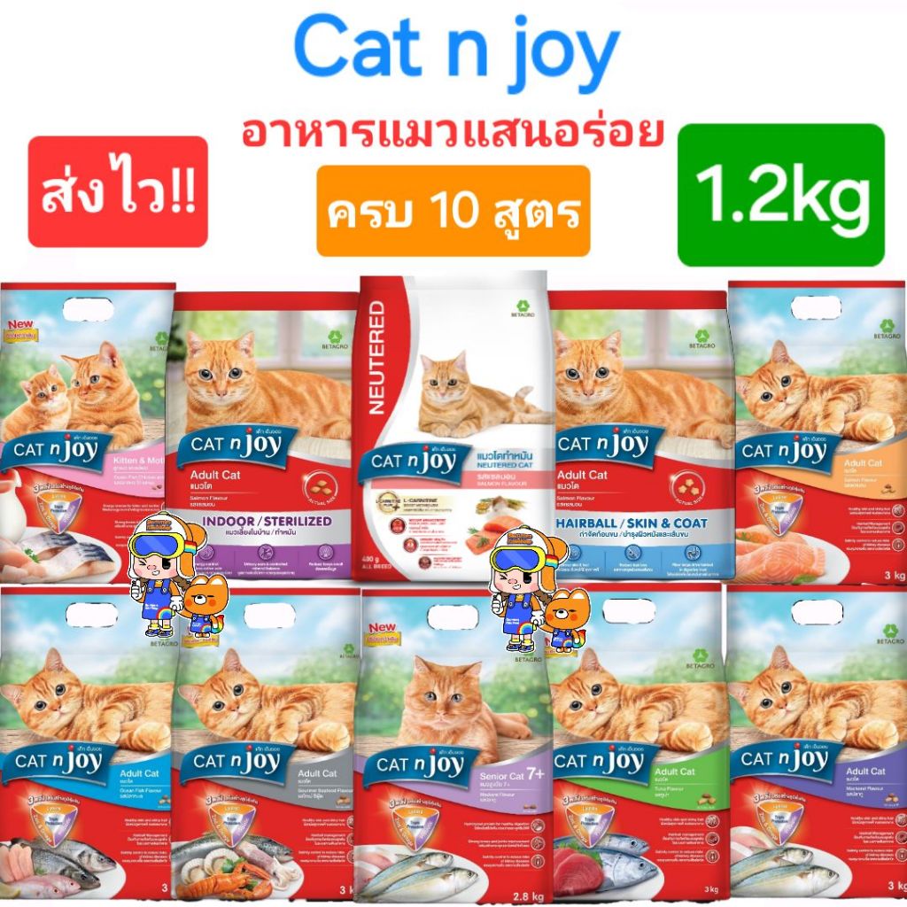 Cat n joy 1.2kg แค็ท เอ็นจอย อาหารแมว แสนอร่อย ครบ 10 สูตร Neutered Hairball ทําหมัน รสแซลมอน คุณภาพ ถุงขนาด 1.2 กก