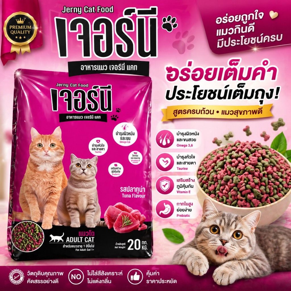 10 Kg ] Jerny เจอร์นี่ อาหารแมว สําหรับ แมวโต รสปลาทูน่า เม็ด 2 สี กินดีกินอร่อย