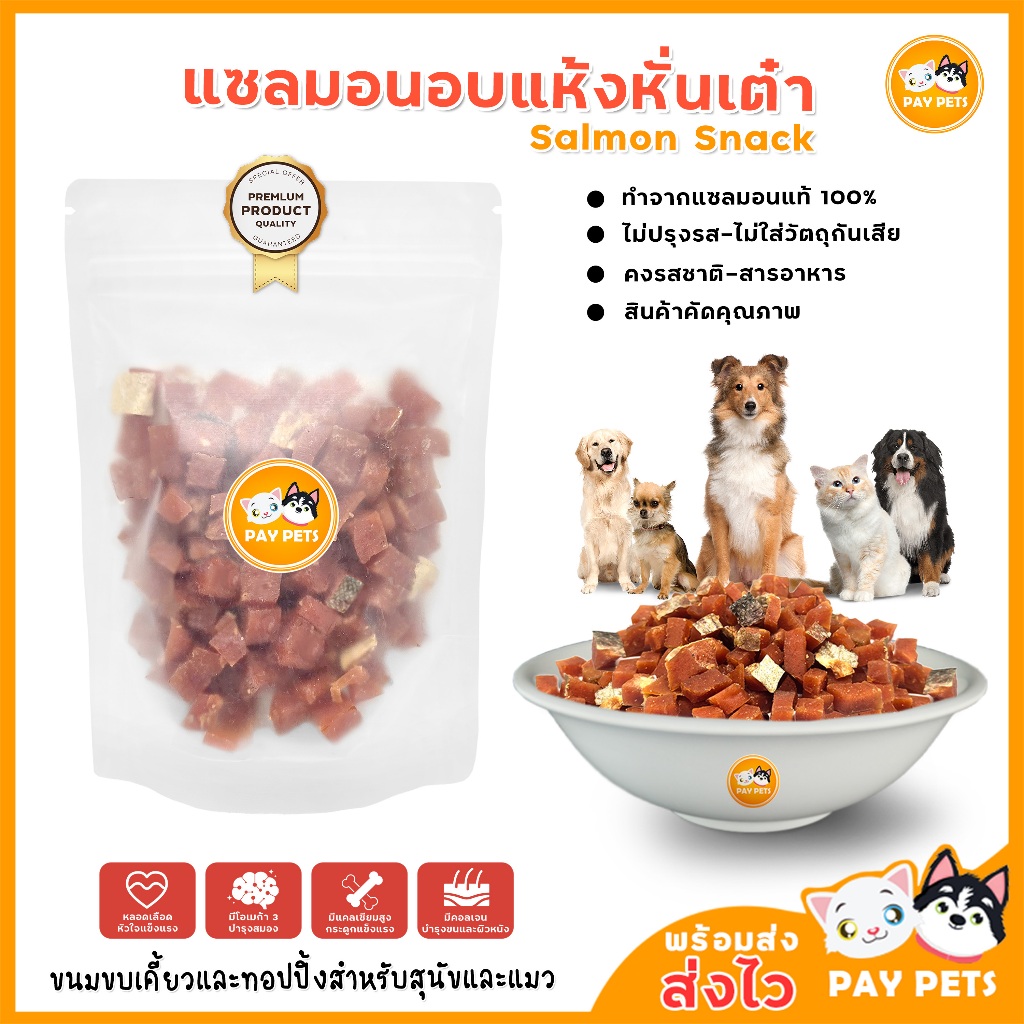แซลมอนอบแห้งหั่นเต๋า 100g ขนมสุนัข แมว | บํารุงขน Omega-3 | Premium Salmon Cube Treats Dog Cat