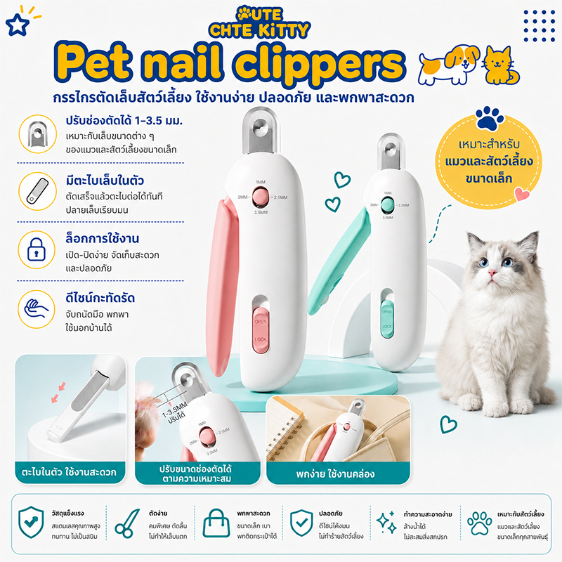 กรรไกรตัดเล็บสัตว์เลี้ยง ช่องเปิดปรับได้ คมและทนทาน ราคาถูก กรรไกรตัดเล็บสแตนเลสสุนัขและแมว ชุดกรูมมิ่งสัตว์เลี้ยง