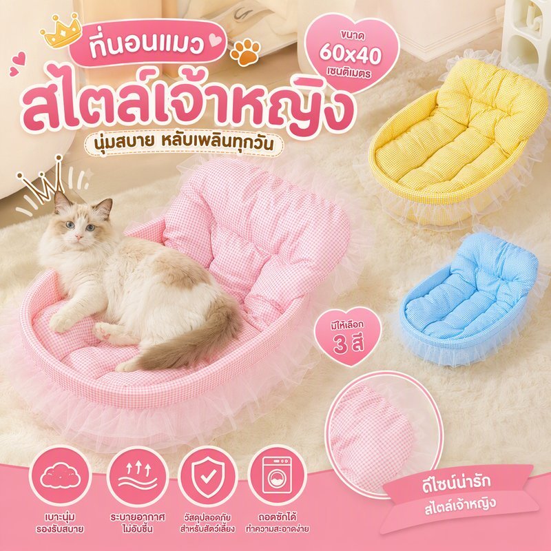 ที่นอนแมว😻สไตล์เจ้าหญิง ที่นอนสัตว์เลี้ยง 60x40 เซนติเมตร สุนัข เบาะแมว บ้านแมว ที่นอนสุนัข นุ่มและสบาย