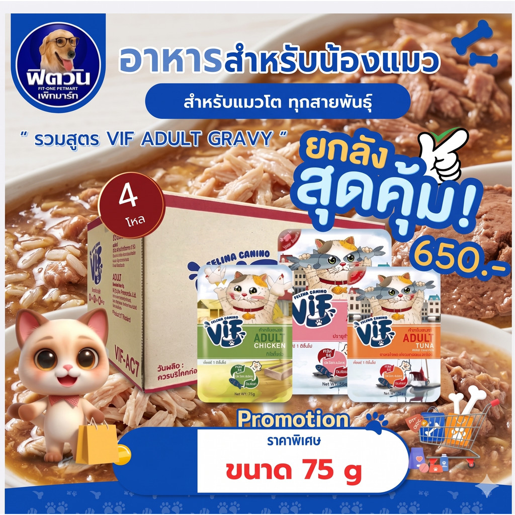 ยกลัง! x 48] Felina Canino VIF Super Premium Cat Pouch แมวโต 75g **จํานวน 4 โหล 48 ซอง**{อาหารเปียกแมว