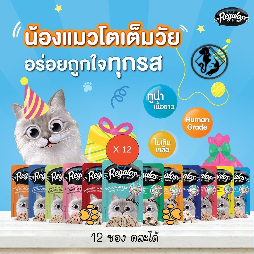 12 ซองคละได้ *** Regalos เพ้าซ์ อาหารเปียกสําหรับแมว มาในรูปแบบอาหารเปียกในเยลลี่ แบบซอง ขนาด 70 กรัม x 12 ซอง