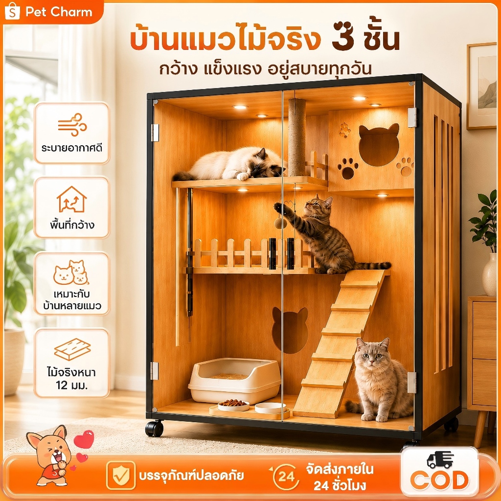 วิลล่าแมวไม้ 3 ชั้น ขนาดใหญ่ สําหรับ 4-6 ตัว + เสาลับเล็บ