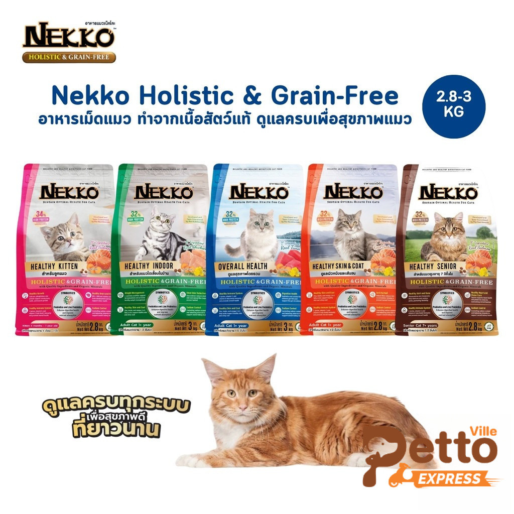 Nekko Holistic & Grain-Free อาหารเม็ดแมว เกรดโฮลิสติก เกรนฟรี ทําจากเนื้อสัตว์แท้ ดูแลครบเพื่อสุขภาพแมว ขนาด 2.8-3 Kg