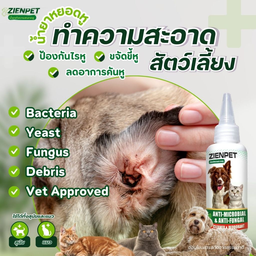 โลชั่นเช็ดหูสัตว์เลี้ยง Zienpet หยอดหูสุนัข/แมว เชื้อราหู ดับกลิ่นหู ป้องกันไรหู เช็ดทําความสะอาดหู 60ml