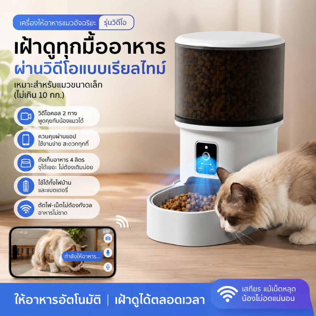 L&Q เครื่องให้อาหารแมวอัตโนมัติ 4L WiFi ควบคุมผ่านมือถือ ตั้งเวลาและกําหนดปริมาณอาหาร ให้อาหารจากระยะไกล
