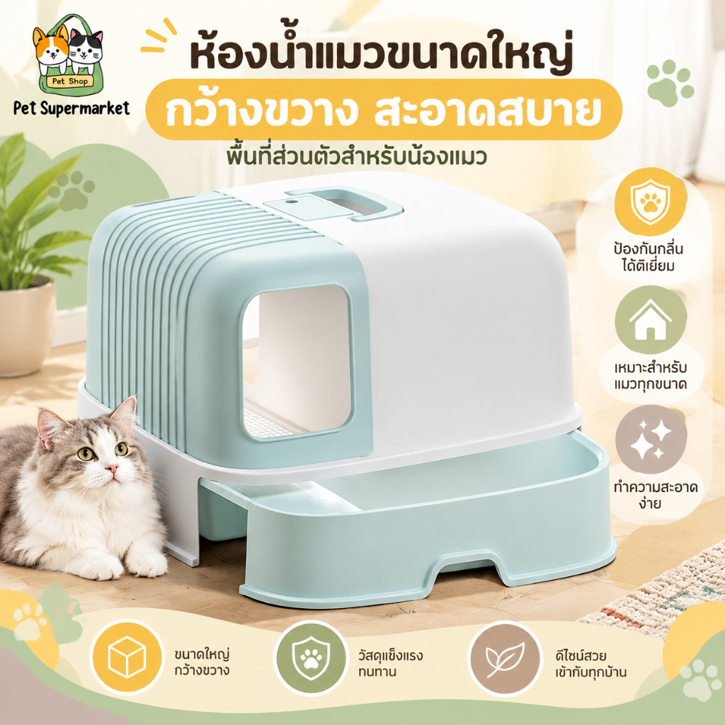 กระบะทรายแมว ภายในกว้างขวาง ดับกลิ่น การออกแบบลิ้นชัก ห้องน้ําแมว กระบะทรายแมวขนาดใหญ่ ห้องน้ําแมวใหญ่ ถาดทรายแมว