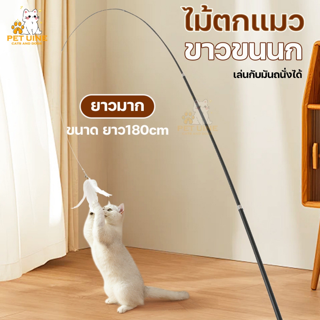 D1 ของเล่นแมว ไม้ตกแมว สีขาวขนนกไม้ตกแมว ปรับได้ของเล่นแมวตกปลา