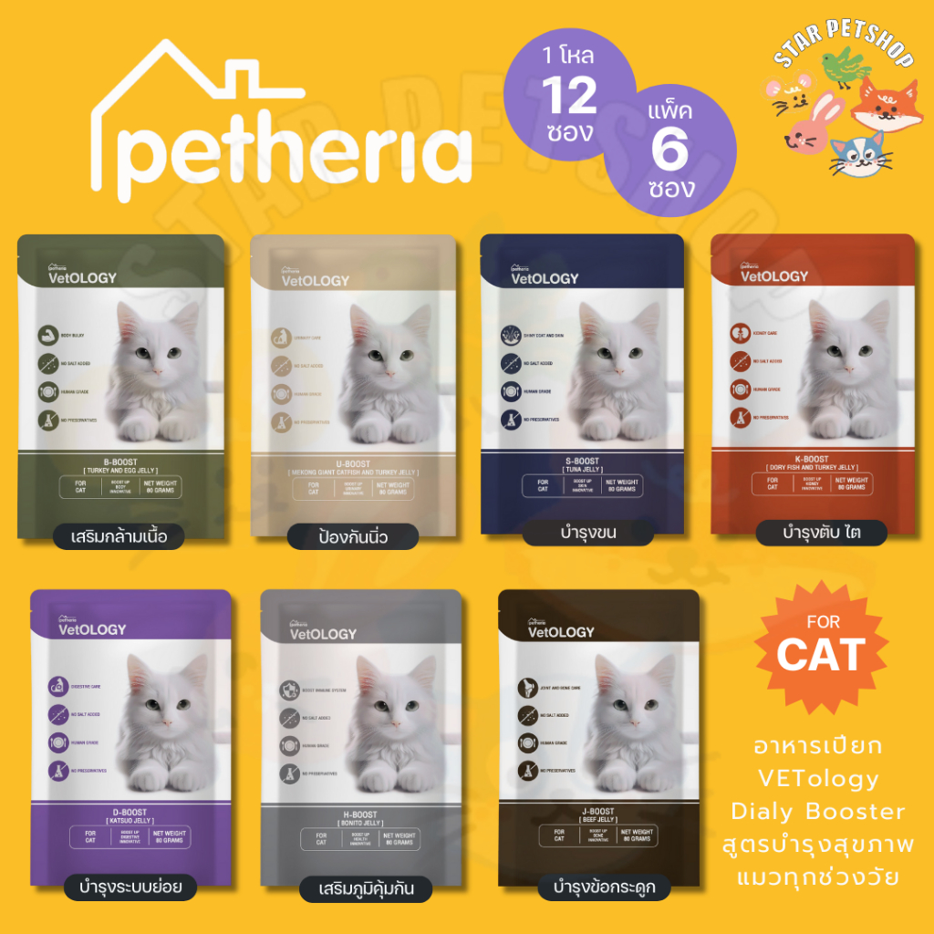 FS} Petheria VetOLOGY เพ็ทเทอเรีย อาหารเปียกแมว ไม่เติมเกลือ พัฒนาร่วมกันสัตวแพทย์ Human Grade ขนาด 80 กรัม {6/12ซอง