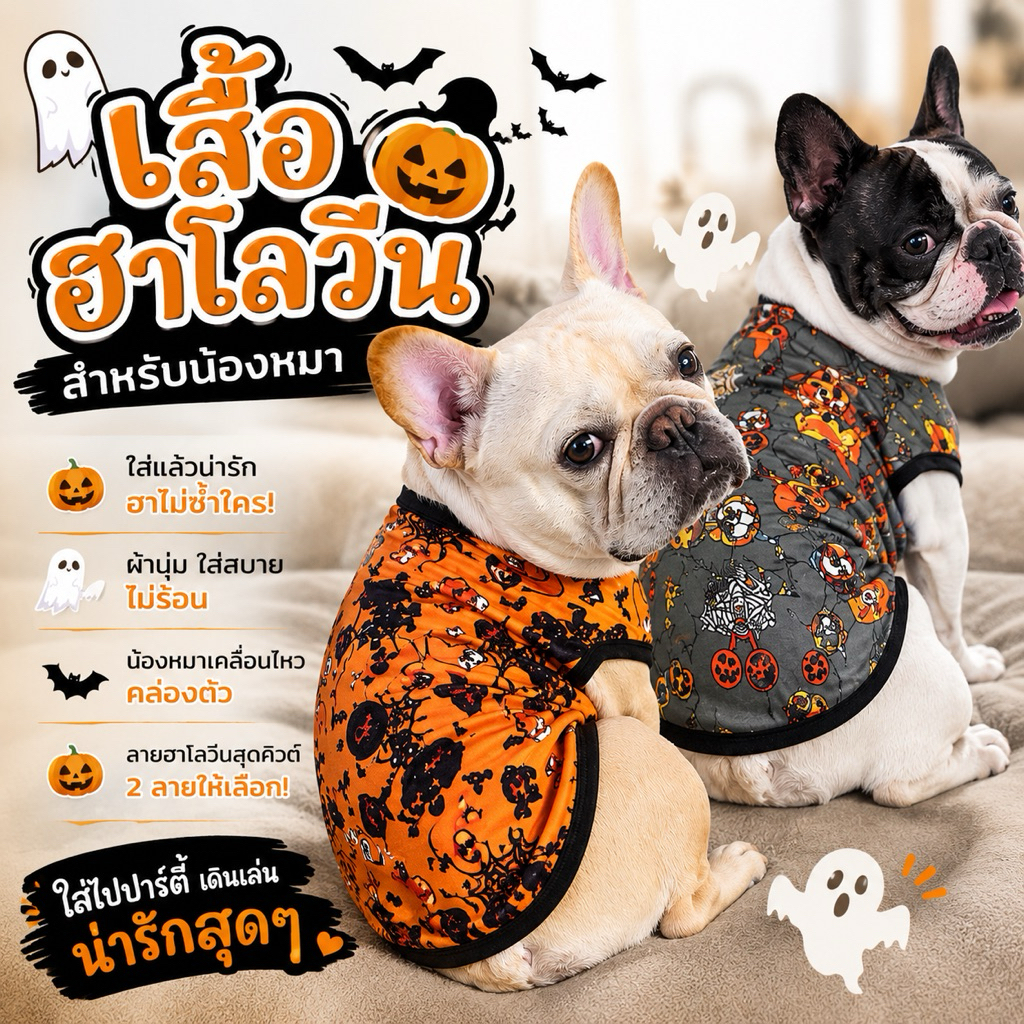 เสื้อหมา เสื้อแมว ลายฮาโลวีน 🎃 เนื้อผ้าไมโคร ไม่ติดขน ใส่สบาย