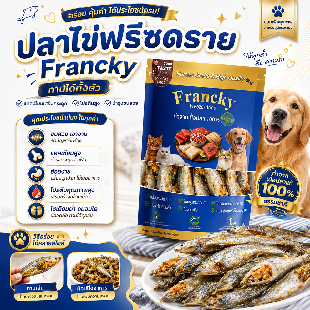 ปลาไข่ฟรีซดราย Francky ทานได้ทั้งตัว แคลเซียมเสริมกระดูก โปรตีนสูง บํารุงขนสวย สําหรับสุนัขและแมว