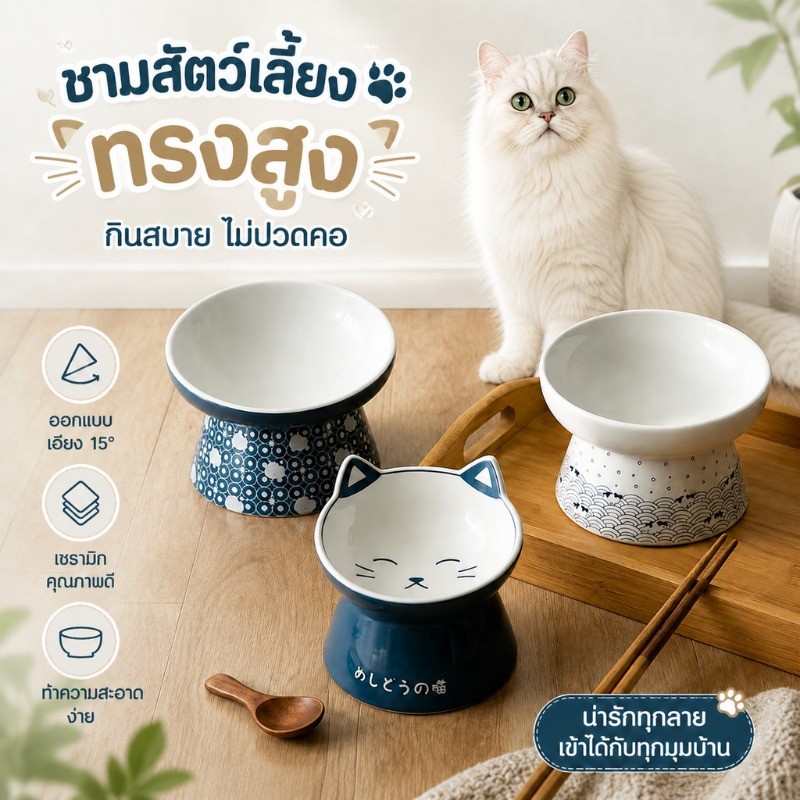 ชามแมว ชามอาหารแมวเซรามิก เอียง 25องศา/ ชามอาหารสัตว์เลี้ยง รูปแบบของสไตล์ญี่ปุ่น สําหรับสัตว์เลี้ยง สุนัข แมว
