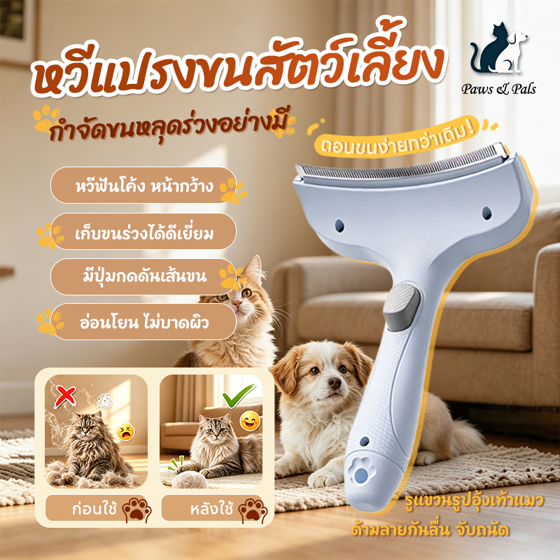 Paws&Pals หวีแปรงขนสัตว์เลี้ยง หวีกําจัดขนแมว หวีขนสุนัข แปรงผลักขน กําจัดขนหลุดร่วงอย่างมีประสิทธิภาพ ซี่หวีปลอดภัย
