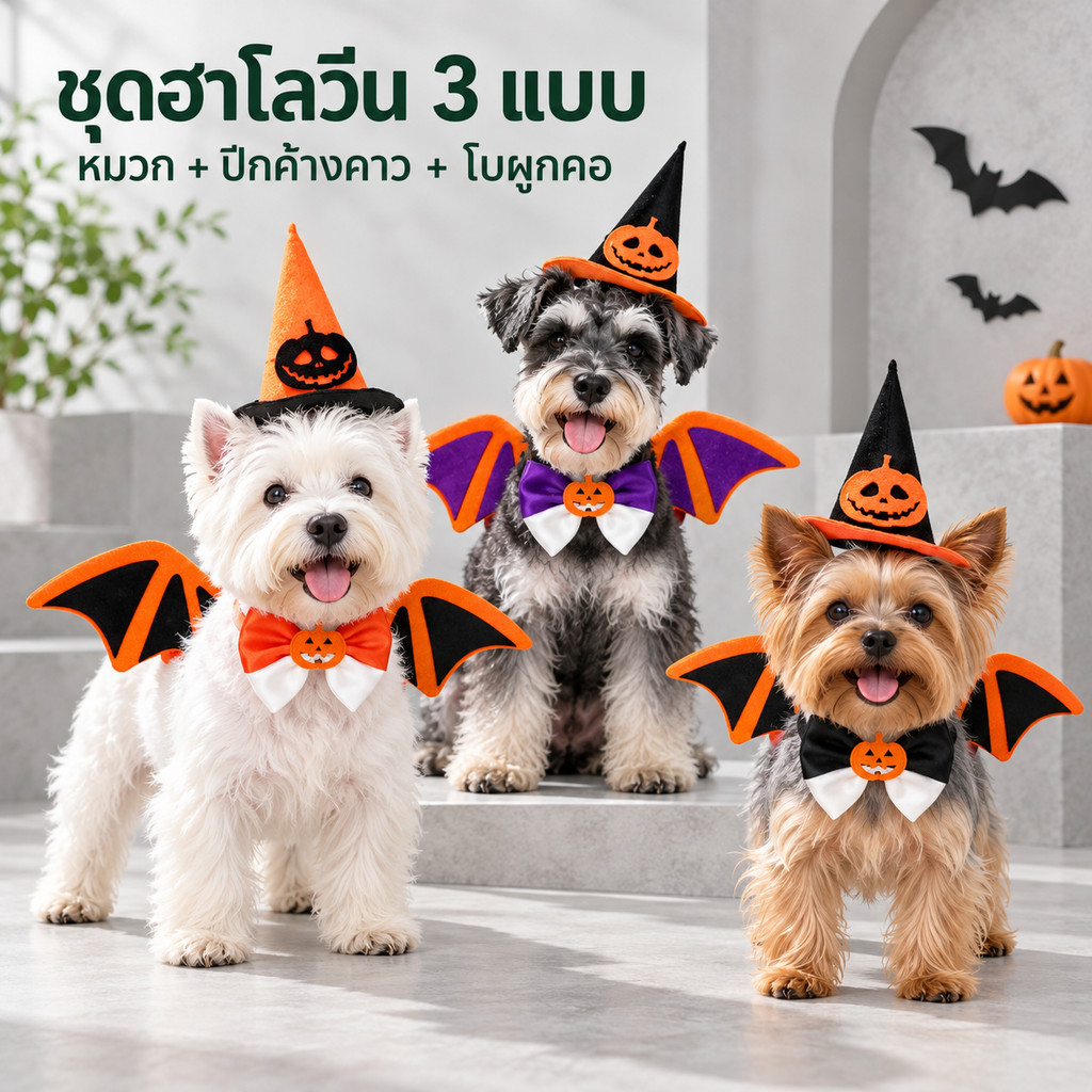ชุดแต่งตัวสัตว์เลี้ยงฮาโลวีน Spooky, หมวกแม่มดและปีกค้างคาว, เครื่องแต่งกายแบบปรับได้สําหรับแมวและสุนัขตัวเล็ก