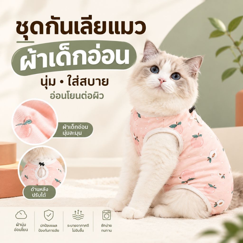 ชุดแมวกันเลีย เกรดผ้าเด็กอ่อน เสื้อผ้าใส่หลังผ่าตัด ทําหมันแมว ผ้านิ่มใส่สบาย