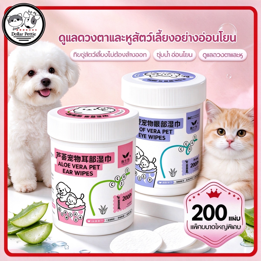 ผ้าเช็ดตาสัตว์เลี้ยง แผ่นเช็ดคราบน้ําตาสุนัขและแมว บรรจุ200แผ่น Pet wipes ผ้าเช็ดทําความสะอาดตา-หู แบบอ่อนโยน