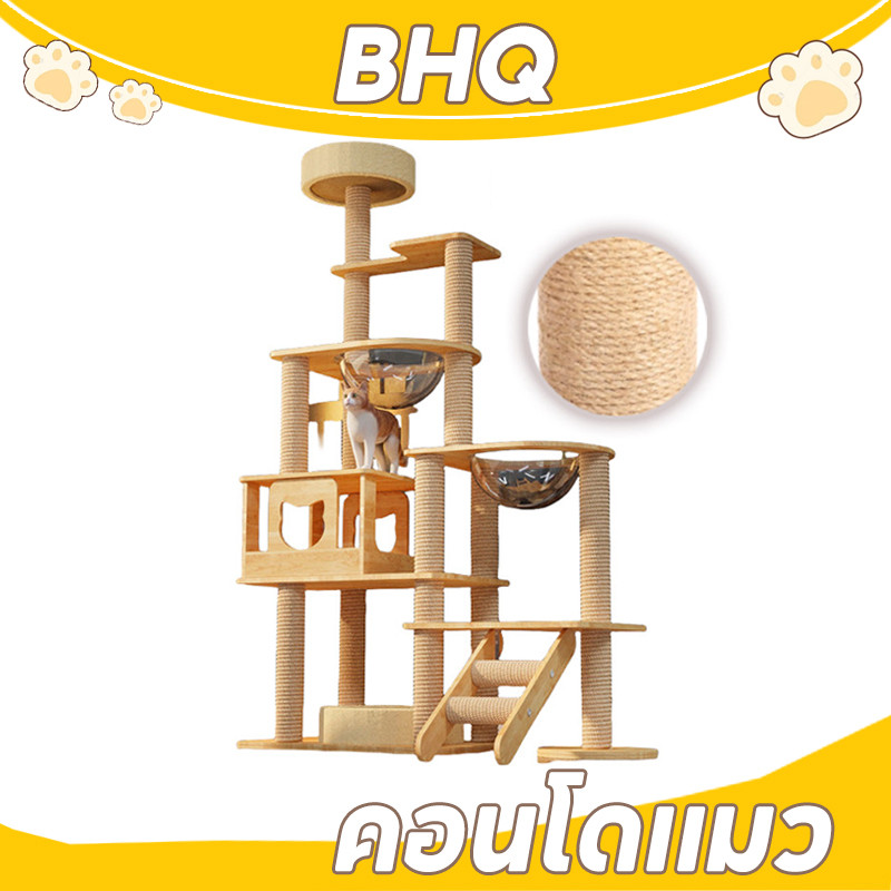 BHQ คอนโดแมว คอนโดแมวไม้ เสาลับเล็บ ของเล่นแมว ขนาดใหญ่ มินิมอล พร้อมโดมนอนแบบใส บันไดและกล่องนอน