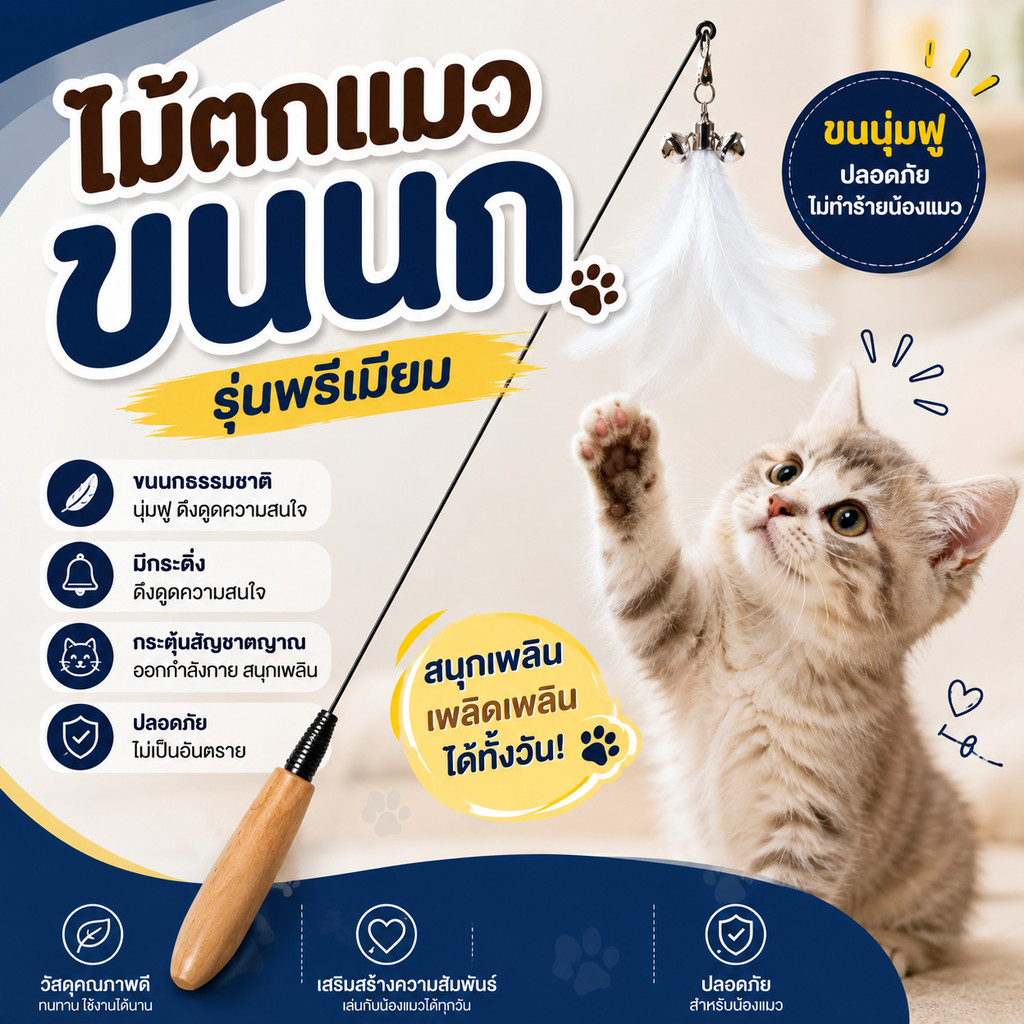 SKY ไม้ตกแมว 49 cm ของเล่นแมว ไม้แหย่แมว แบบสปริง มีกระดิ่ง ล่อแมว เบ็ดตกแมว ไม้ล่อแมว คุณภาพสูง ไว้ล่อแมว คลาดเครียด