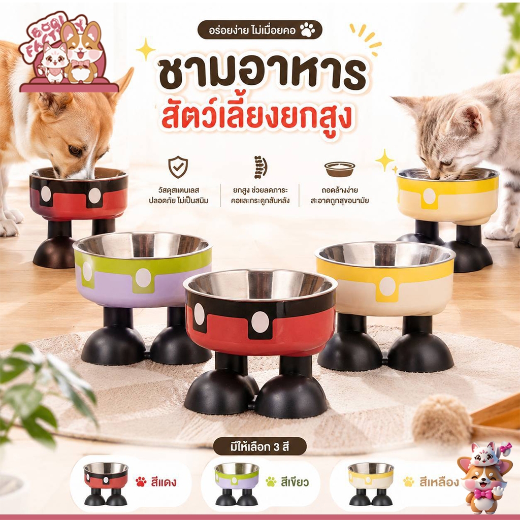 ชามอาหารสัตว์เลี้ยง ชามอาหารแมว ทรงยกสูง น่ารักมินิมอล 2ชั้นถอดได้ CW382