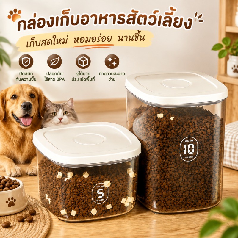 กล่องเก็บอาหารแมว ถังเก็บสุญญาก ป้องกันความชื้น กล่องใส่อาหารสุนัข ความจุขนาดใหญ่ 10 กก ฝาล็อคแน่น