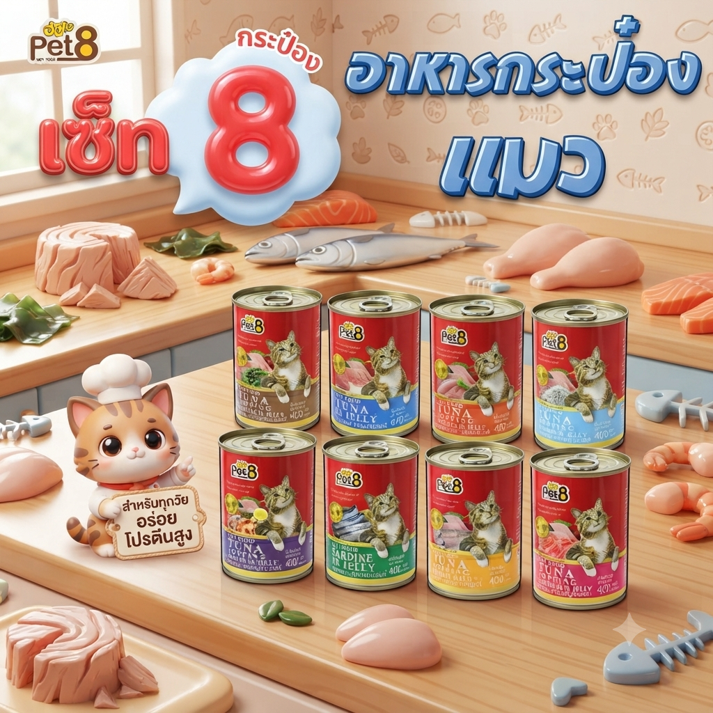 อาหารเปียกแมว Pet8 เซ็ท 8กระป๋อง คละรส แมว3เดือนขึ้นไป ทานได้