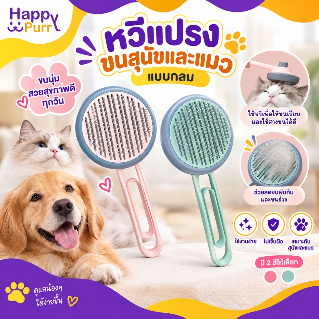 Happy Purr หวีแปรงขนสุนัขและแมว หวีแปรงขนสัตว์เลี้ยง มีที่ดันขนสัตว์ออกจากแปรง แบบกลม