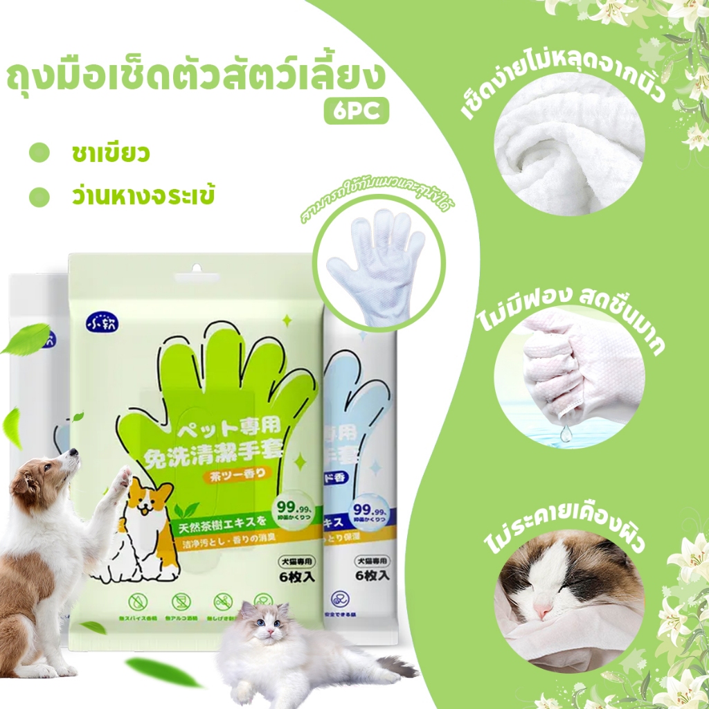 ราคาต่ําสุด💞 ถุงมือเช็ดตัวสัตว์เลี้ยง (6 ชิ้น/ห่อ) ถุงมืออาบน้ําแมว ถุงมือกรูมมิ่ง ผ้าเปียกหมา อาบน้ําสุนัข แมว ทําความสะอาดง่าย ขจัดกลิ่น ลดแบคทีเรีย