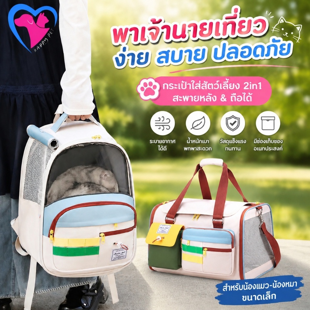 Happy Pet กระเป๋าแมว กระเป๋าสัตว์เลี้ยง 2IN1 รองรับน้ําหนัก 15KG ใบใหญ่ พับเก็บได้ สะพายข้าง+สะพายไหล่ ระบายอากาศดี สําหรับแมวและสุนัข