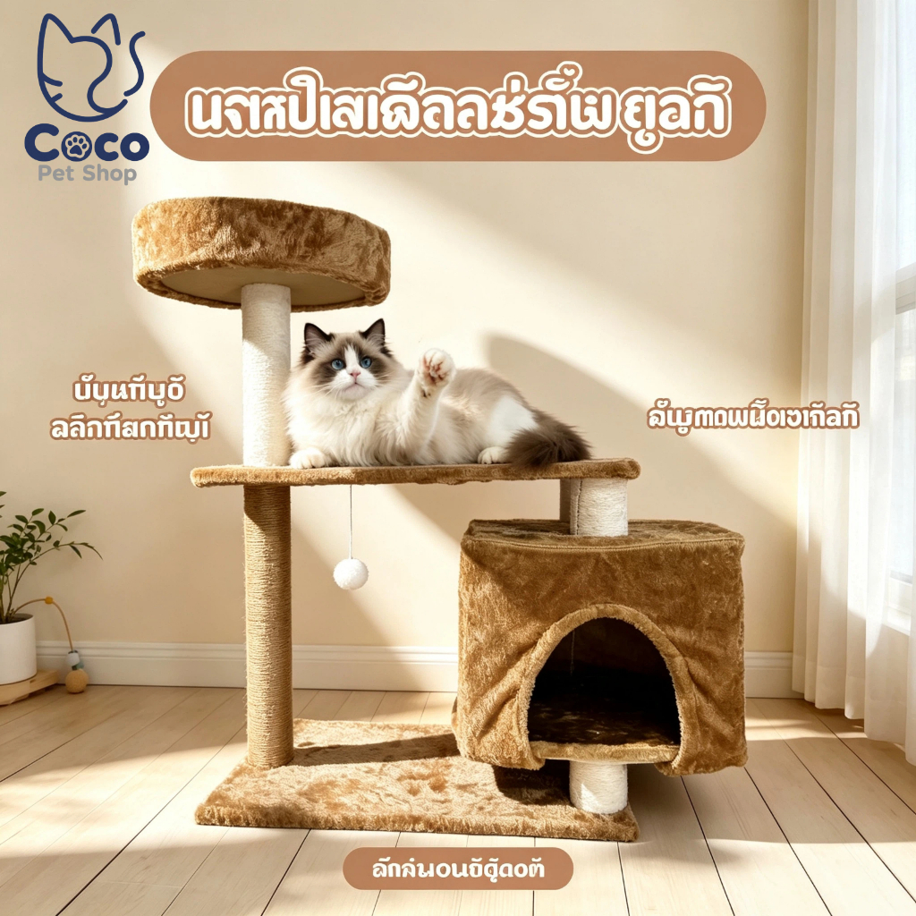ต้นไม้แมวหลายชั้น คอนโดแมว เสาลับเล็บใยกัญชา เตียงนอนแมว พร้อมของเล่นบอล เหมาะแมวตัวใหญ่และแมวอ้วน