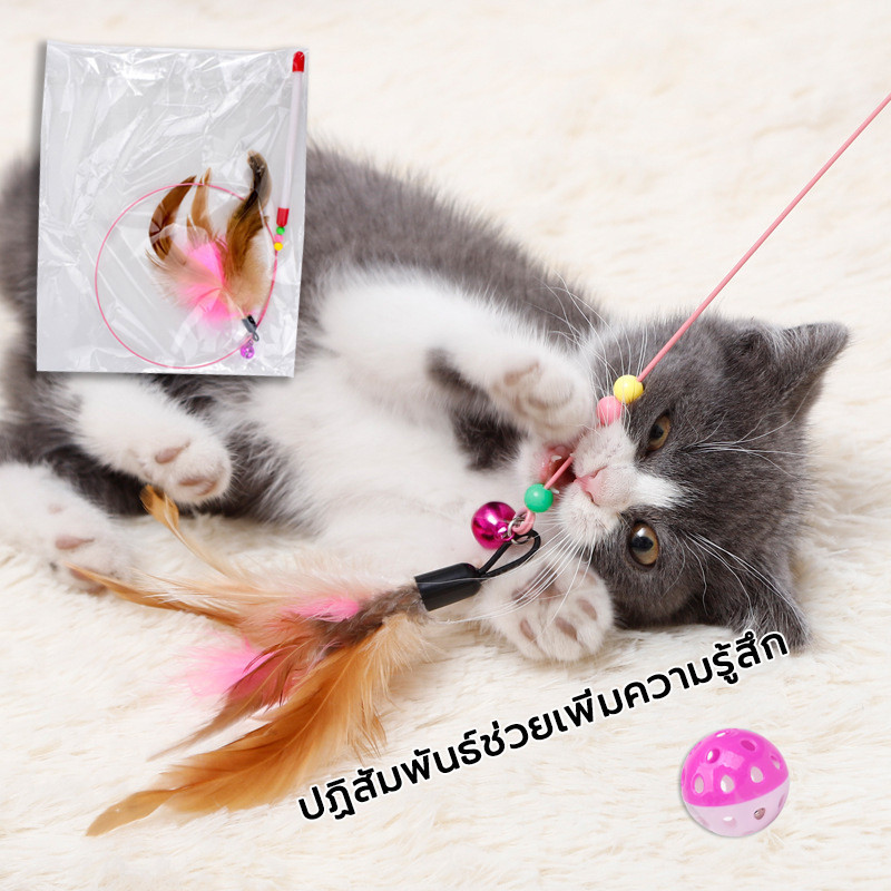 ไม้ตกแมวแบบสปริง ของเล่นแมว ไม้แมวตั้งพื้นขนนก ของเล่นสัตว์เลี้ยง