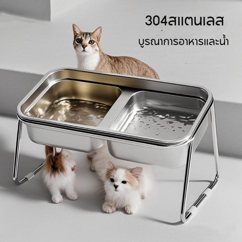 ชามอาหารสัตว์เลี้ยง ชามเเมว ชามคู่สแตนเลส ป้องกันการพลิกคว่ํา ใส่อาหารหมา แมว ชามอาหารสัตว์