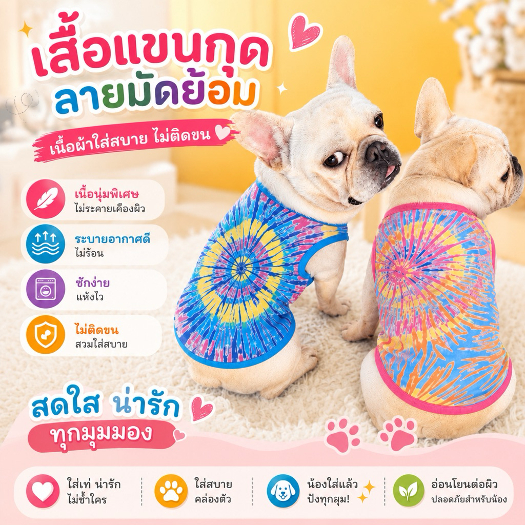 เสื้อมัดย้อม เสื้อหมา เสื้อแมว ลายสงกรานต์ สีสันสดใส น่ารักมาก (เลือกสีได้)