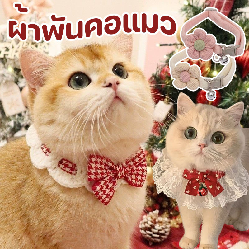 ผ้าพันคอแมว ผ้าพันคอถัก ปลอกคอสัตว์เลี้ยง พิมพ์ลายลูกไม้ ประดับโบว์ สามารถปรับได้