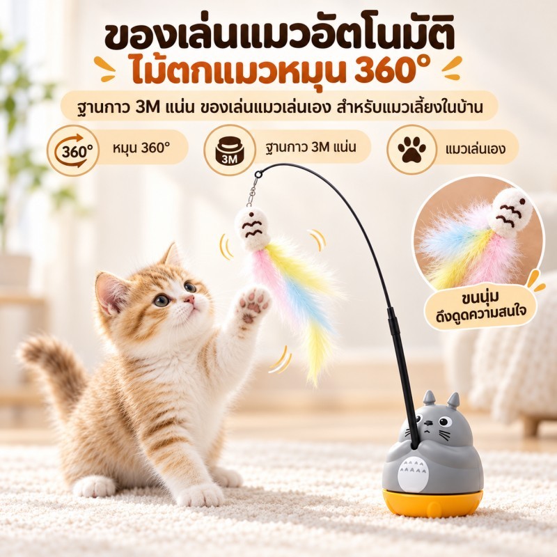 PETLUSCI ของเล่นแมวอัตโนมัติ ไม้ตกแมวหมุน 360° ฐานกาว 3M แน่น ของเล่นแมวเล่นเอง สําหรับแมวเลี้ยงในบ้าน