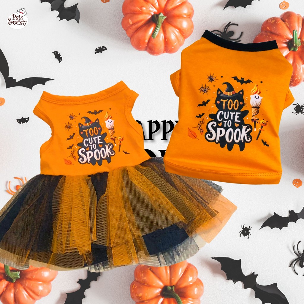 เสื้อหมา - แมว ชุดคู่ฮาโลวีน 'Too Cute Too Spook' เสื้อยืด กระโปรง